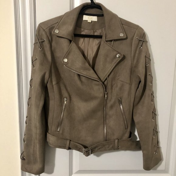 Beige Faux Suede Biker Jacket - Picture 7 of 12